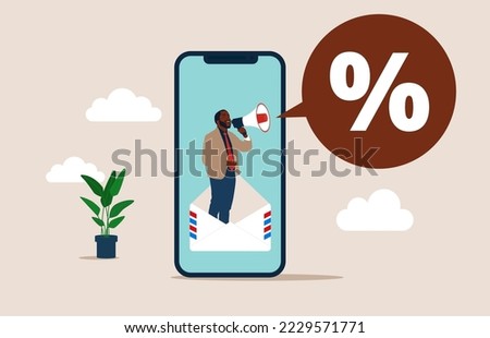 Business product and discounts. Percentage, Good News, Online.  Flat vector illustration