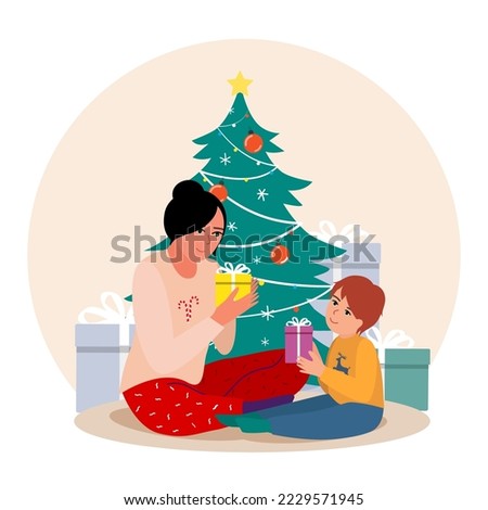 Mother and child give gifts to each other. Christmas or New Year illustration. EPS 10.
