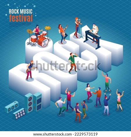 Rock Music Festival and 3d word Rock with rock band and dancing fans, modern concert poster, audio blog concept, Isometric Vector illustration on isolated background