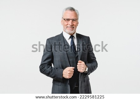 Portrait of caucasian middle-aged elderly mature businessman rich ceo boss wealthy millionaire wearing formal attire looking at camera with toothy smile isolated in white background Royalty-Free Stock Photo #2229581225