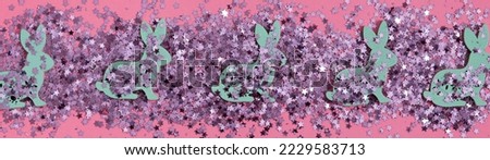 Symbol of New Year 2023 bunny rabbit shape from shiny pink sparkles on a pink background. Happy New Year or Easter holiday concept. Minimalism, creative flat lay, banner.