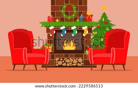 Brick fireplace with a Christmas tree, candles, gifts and a wreath. Cozy interior with fireplace and armchairs. Vector illustration.