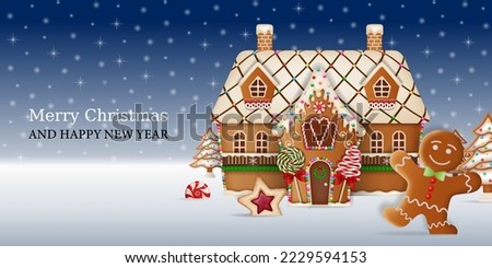 christmas background with gingerbread man and gingerbread  house. christmas card with gingerbread cookies Royalty-Free Stock Photo #2229594153