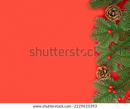 Green fir branches with red berries and brown cones on the red background.