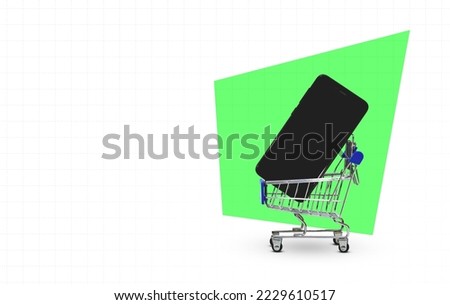 smartphone on a tiny shopping cart in a paper-like background. Copy space. black Friday month. discount banner 
