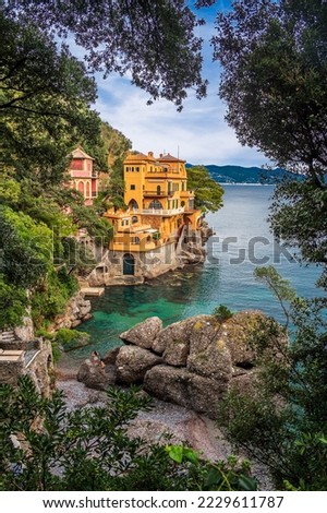 Magnificent villas direct on the sea in the gulf of Portofino, world famous village of the Italian Riviera Royalty-Free Stock Photo #2229611787