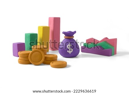 Business financial management, plan and growth strategy concept, handmade with plasticine. Financial business plan concept, charts made of plasticine. money bag icon