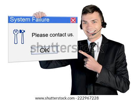 Call center man with system failure message