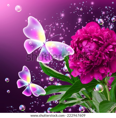 Magic butterflies with pink peony and flying bubbles
