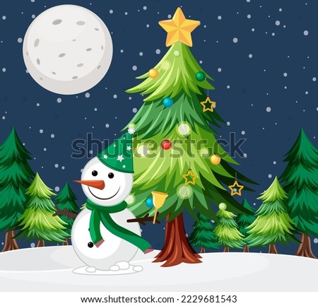 Snowman under Christmas tree outdoor background illustration