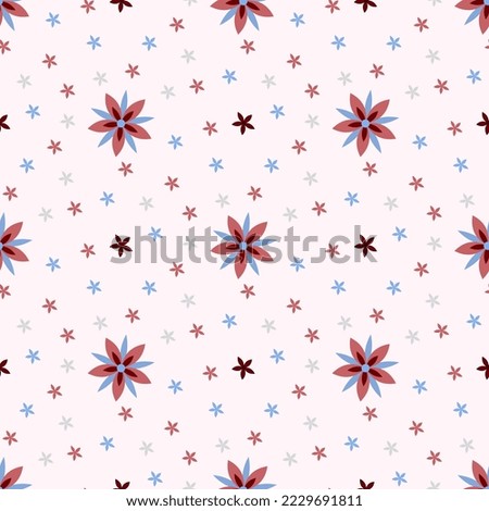 This is a seamless pattern with a red flowers are surrounded by small colorful flowers on a light red tone background. That looks great.