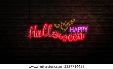 halloween sign emblem in neon style on brick wall background 