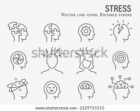 Anxiety icons, such as stress, tension, worry, mental and more. Editable stroke. Royalty-Free Stock Photo #2229715515