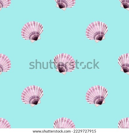 Seamless pattern of a marine, tropical theme. Bright shells. Watercolor hand drawn illustration. For decoration and design. On light blue background.