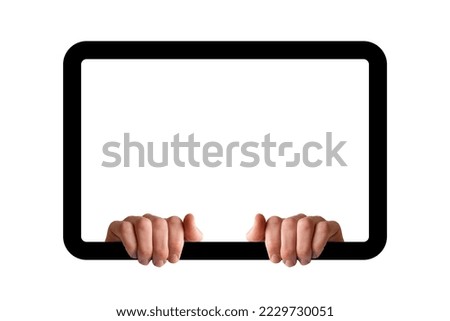 Hands holding a white frame, isolated on white color background, copy space for faces and texts, two hands and frame, mockup concept, blank area