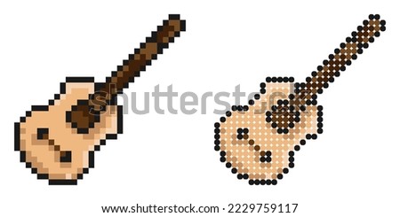Pixel icon. Classical six string guitar, musical instrument. Learning to play guitar. Simple retro game vector isolated on white background