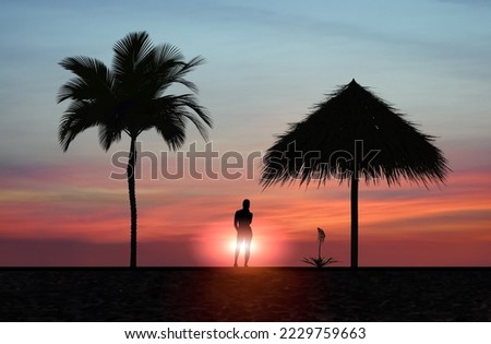 summer vacation young woman  silhouette  palm tree on pink gold orange  sunset  on sky Tropical  palm beach on promenade relaxing vacation background