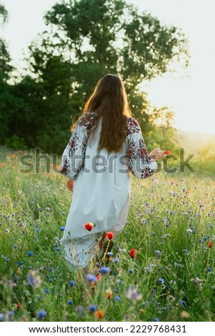Woman walks in meadow scenic photography. Cornflower field. Picture of lady with beautiful nature on background. High quality wallpaper. Photo concept for ads, travel blog, magazine, article
