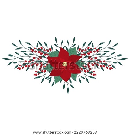 Christmas hand drawn arrangement with poinsettia, berries and leaves. Winter floral cozy elements. Vector floral frames. Happy New Year illustration isolated on a white background