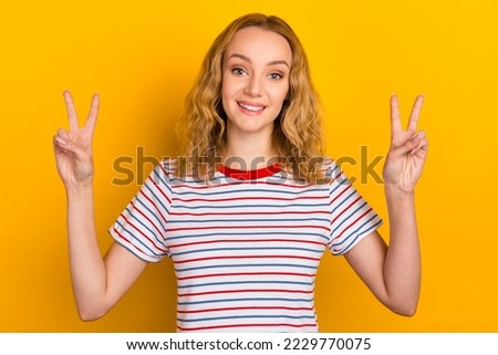 Portrait of cute sweet nice lady she give v-sign make hollywood white smile stand isolated on bright color background.