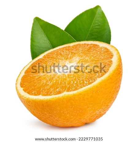 Isolated orange with leaf. One orange half on white background with clipping path. As design element.