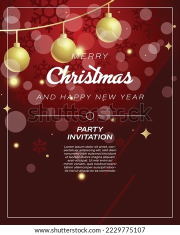 Merry Christmas Red Luminous Party Invitation Card. Golden ball with shiny snowflakes, balls hanging on golden ribbons, glitter on a red night background. Vector illustration