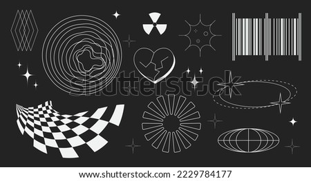 Super trendy geometric Y2K brutalism styled linear shapes. Set including stars, deformation, bubbles, arrows and other trendy shapes. Royalty-Free Stock Photo #2229784177