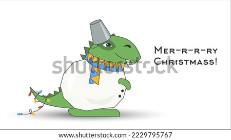 Dino Santa Claus Tyrannosaurus. Christmas funny cartoon dinosaur in snowman costume. Bucket on head and lights on tail isolated on white background. Hand drawn vector illustration. Cute green dragon