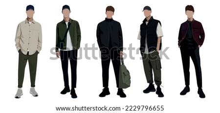 Group fashion men in modern trendy outfits. Young people wearing stylish casual summer clothes. Colored flat graphic vector illustration of fashionable man isolated on white background Royalty-Free Stock Photo #2229796655