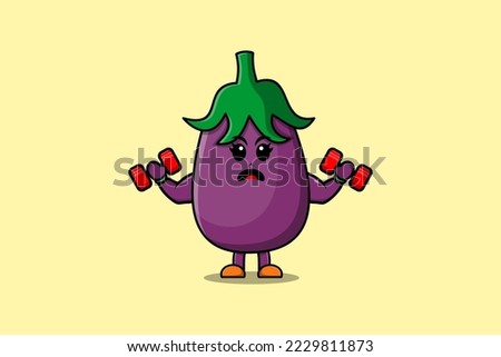 Cute cartoon Eggplant character is fitness with barbell in modern style design
