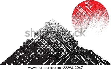 Mountain silhouettes with sun textured with halftone dots textures. Peaks in sunset. Transparent background .Overlay texture . Fog over mountain landscape . Summit and sunset logo .Vector 