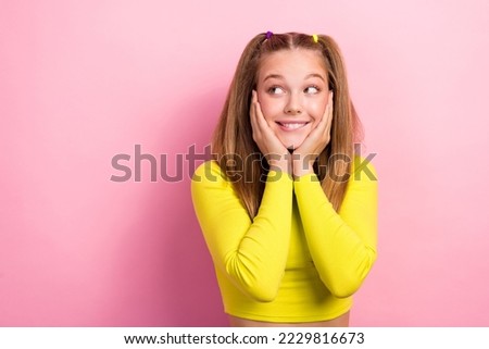 Photo of pretty lovely tricky dreamy girlfriend lady arm touch face look empty space novelty offer isolated on pink color background Royalty-Free Stock Photo #2229816673