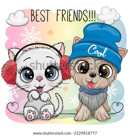 Cute Cartoon Kitty and Puppy on a rainbow background