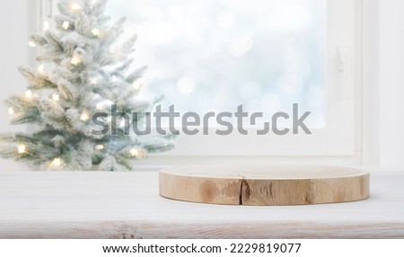 Wooden table and stand for Christmas product presentation