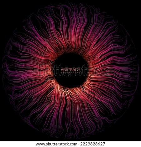 Colorful abstract eye iris or magic portal with glowing waved lines and sparks. Glowing futuristic teleport tunnel. Abstract black hole vector background with place for your content Royalty-Free Stock Photo #2229828627