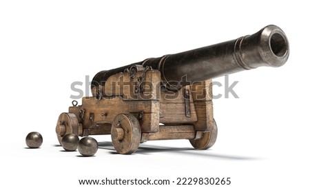 Ancient cannon on wheels with cannonballs isolated on white background with clipping path