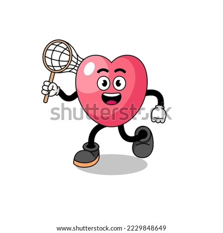 Cartoon of heart symbol catching a butterfly , character design