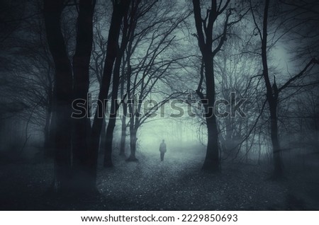 man in dark fantasy forest at night