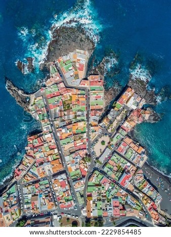 Aero Photography. View from flying drone.Panoramic cityscape of old town of Punta Brava, near the town of Puerto de la Cruz on the island of Tenerife, Canary Islands, Atlantic Ocean, Spain.