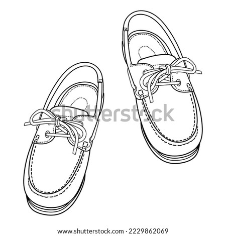 Hand drawn classic boat shoes front and top 3D view. Outline doodle vector illustration
