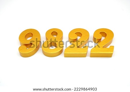  Number 9822 is made of gold-painted teak, 1 centimeter thick, placed on a white background to visualize it in 3D.                                  