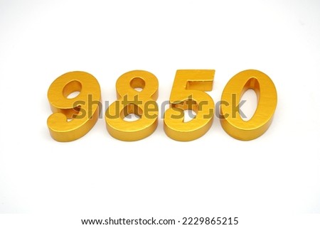     Number 9850 is made of gold-painted teak, 1 centimeter thick, placed on a white background to visualize it in 3D.                                
