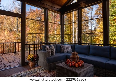 Cozy screened porch enclosure with contemporary furniture at Thanksgiving Holiday. Porch door open, flower bouquet in a vase, autumn leaves and woods in the background.