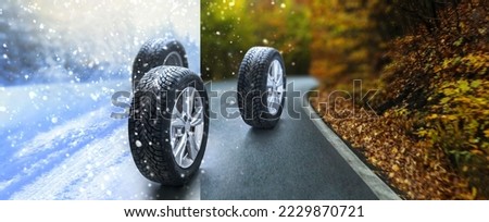 Summer tires on a road winter wheel off. Change a car seasonal tyre summer forest road with trees background. Change for winter tire. Banner Selling off. Or Background automechanic Royalty-Free Stock Photo #2229870721