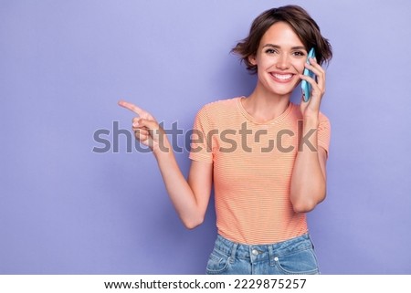 Photo of positive satisfied lady hand arm direct index empty space recommend device shop sale isolated on purple color background