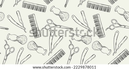 Barber Shop seamless pattern with doodle Hand drawn razor, scissors, shaving brush, comb, classic barber shop tools, Pole. Sketch. Lettering. For wallpaper, web page background Royalty-Free Stock Photo #2229878011