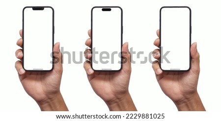 Hand holding smart phone Mockup  and screen Transparent and Clipping Path isolated for Infographic Business web site design app Royalty-Free Stock Photo #2229881025
