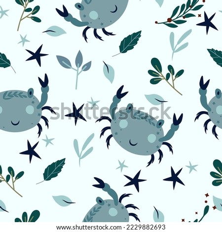 Seamless patterns with Cancer, colorful leaves and stars. Astrological Cancer zodiac. Bright astrological pattern can be used as textile, fabric, wallpaper, banner and other. Vector