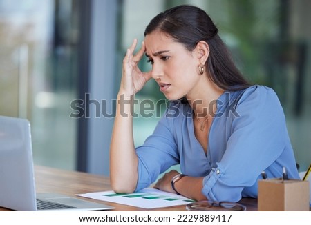 Business woman, laptop and stress with headache from work anxiety or technical problems at the office. Female employee analyst suffering from burnout, depression or health issues at workplace Royalty-Free Stock Photo #2229889417