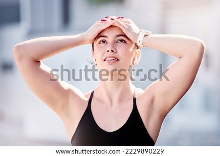 Athlete woman, disappointed and hands on head, sad and loser at competition, contest or race. Runner girl, failure and tired of running, sports or marathon in city, metro or urban town with regret Royalty-Free Stock Photo #2229890229